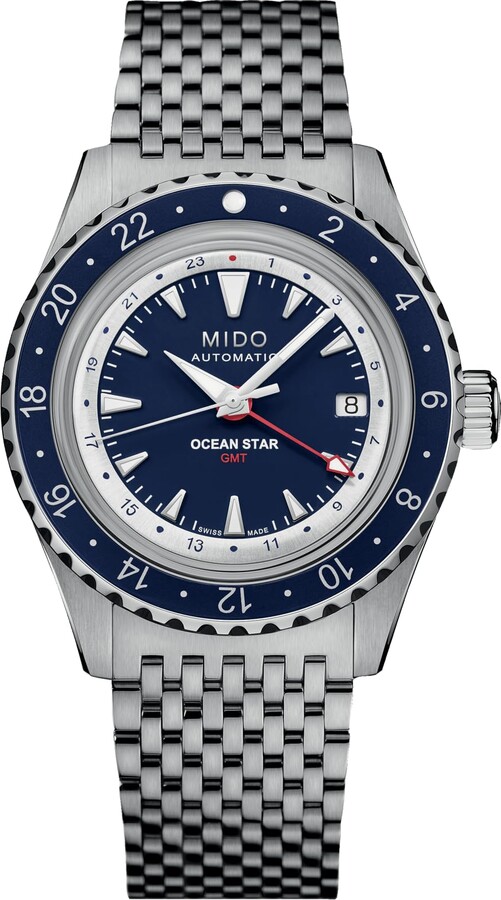 MIDO Ocean Star GMT - Swiss Automatic Watch for Men - 40.5mm Stainless Steel Case - Blue Aluminum Rotating Bezel - Blue Dial - Stainless Steel Bracelet - M0268291804100