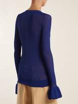 Thumbnail for your product : KHAITE Eloise Ruffled Cuff Ribbed Knit Cardigan - Womens - Dark Blue