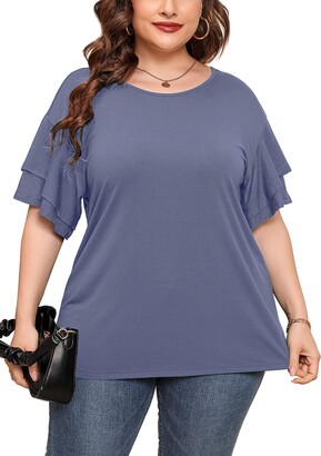 AusLook Plus Size Summer Clothes For Women Blue Grey 2X Tunic Double Ruffle  Short Sleeve Blouses Crewneck Clothing Tee Ladies Clothes Flowy Dressy  Casual Loose Fit Outfits Maternity Tops - ShopStyle