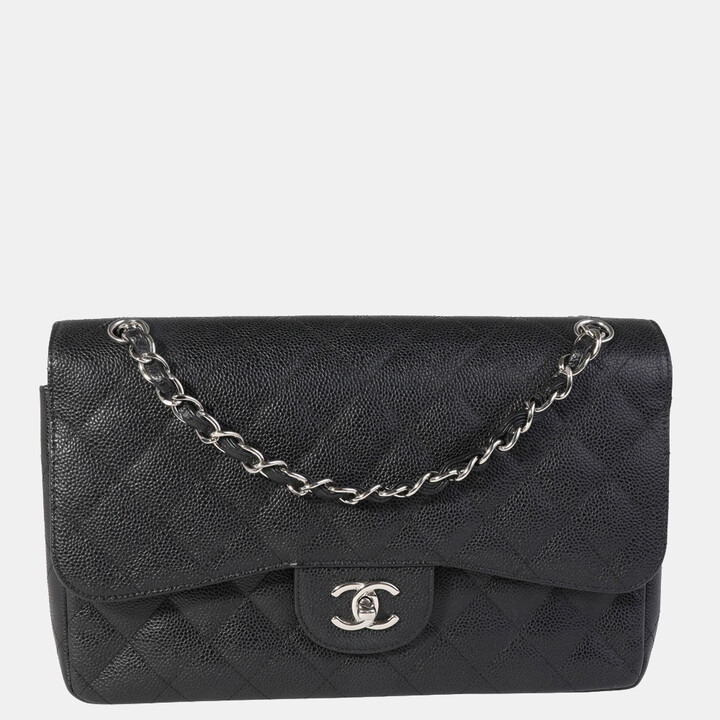 Chanel Black Quilted Caviar Leather Jumbo Classic Double Flap Shoulder