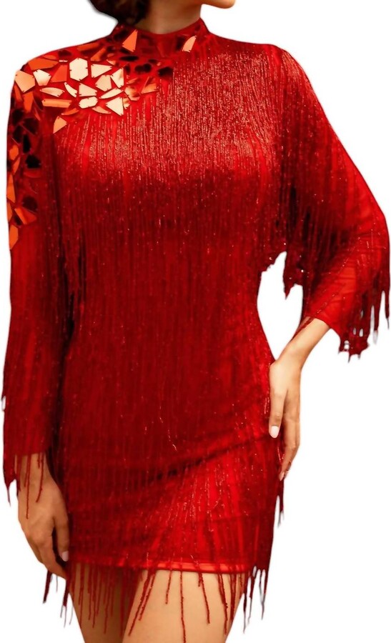 Primavera High Neck Beaded Fringe Cocktail Dress In Red