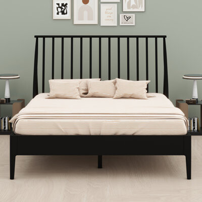 Wood Spindle Platform Bed With Tall Headboard, With Wooden Slats