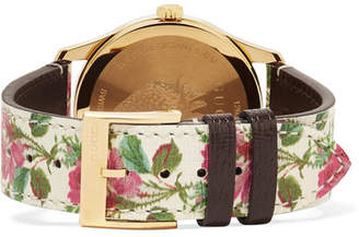 Gucci G-timeless Floral-print Leather And Gold-tone Watch - White