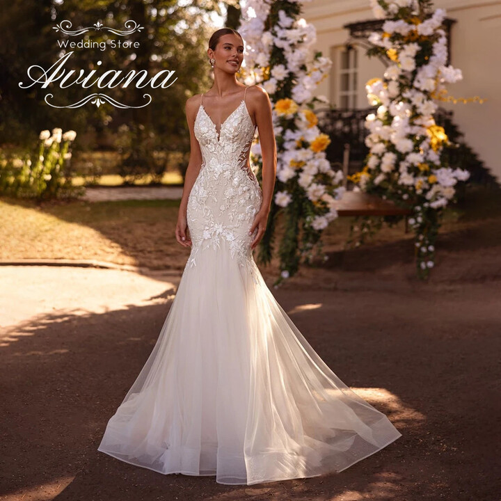 DIDEYTTAWL Customized Aviana Spaghetti Strap V-Neck Mermaid Wedding Dress Backless Tulle Appliques Embroidery Sweetheart Vestidos de novia