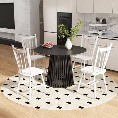 George Oliver Modern Dining Set - Round Wood Table With Slat Base & Windsor Chairs - 3/5-Piece Kitchen Set