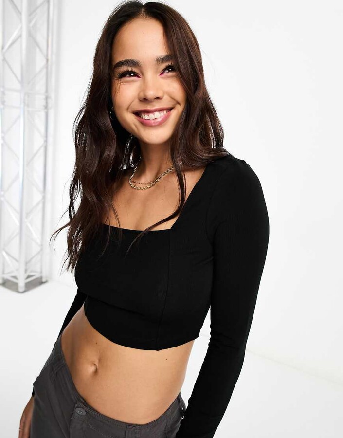 ASOS DESIGN square neck crop top with seam detail in black ShopStyle