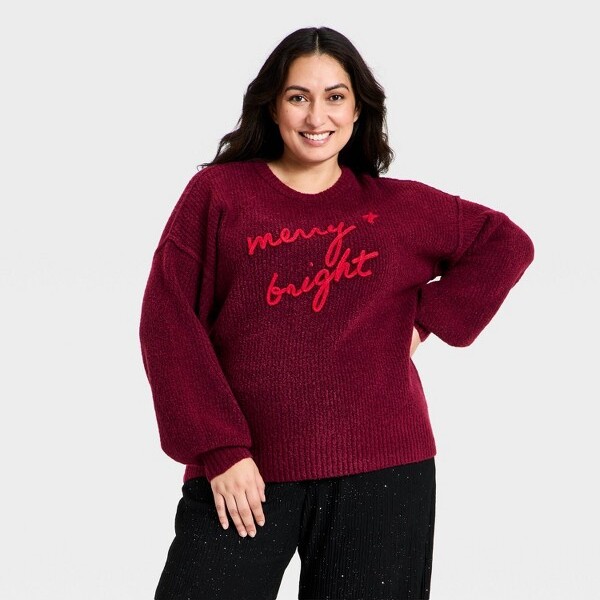 Ava & Viv Women'sLongSleeveCrewneckHolidayPulloverSweater-Ava&Viv™Burgundy3X