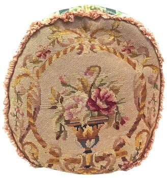 Round Floral Needlepoint & Silk Pillow - Vermilion Designs - Gold