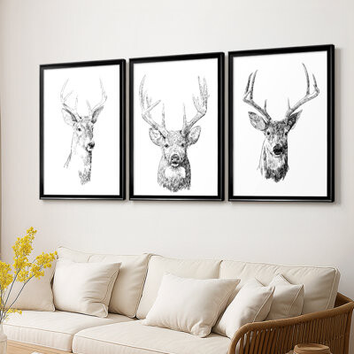 Hokku Designs Young Buck Sketch I -Custom Framed Wrapped Gallery Canvas - 3 Pieces