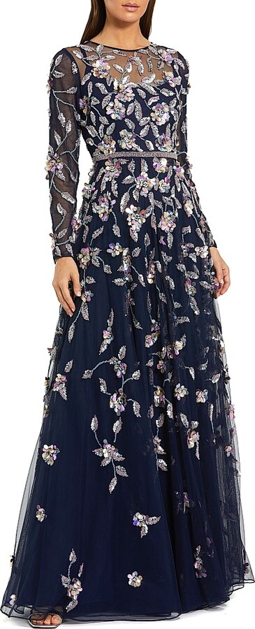 Women's Floral Embellished Mesh Long-Sleeve Gown - Midnight Multi - Size 4