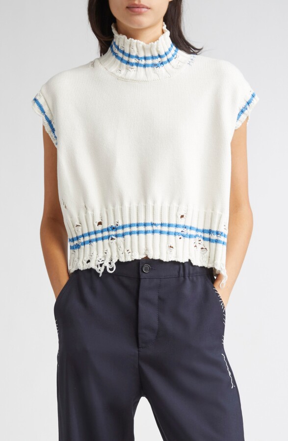 Marni Mending Logo Distressed Boxy Cotton Turtleneck Sweater