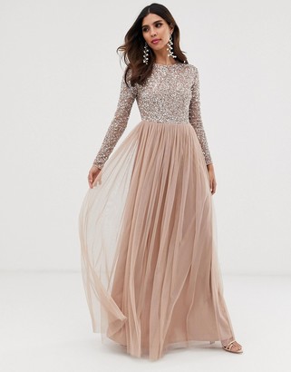 Maya Bridesmaid long sleeve maxi tulle dress with tonal delicate sequins in taupe blush