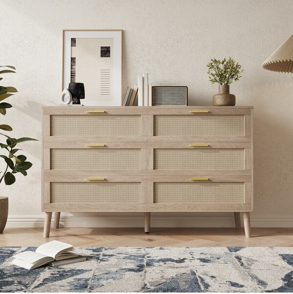 CuisinSmart 8DrawerDresserNaturalRattanDresserforBedroomwith5StrongLegsFarmhouseWoodChestofDrawerwithGoldenHandles