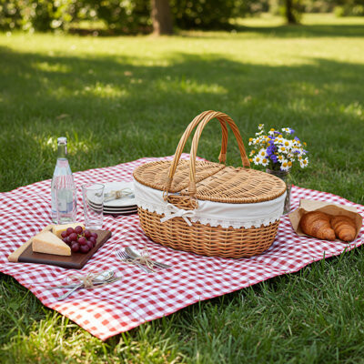 Arlmont & Co. Cream-Colored Wicker Picnic Basket With Removable Lining Vintage Folding Handle And Lid. Perfect For Picnics Camping Outdoor Activities Holidays