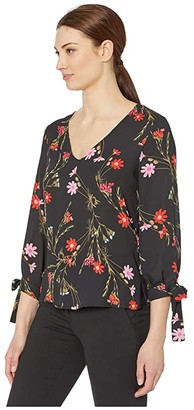 CeCe 3/4 Sleeve Enchanted Wildflower Blouse with Tie Sleeves (Rich Black) Women's Clothing