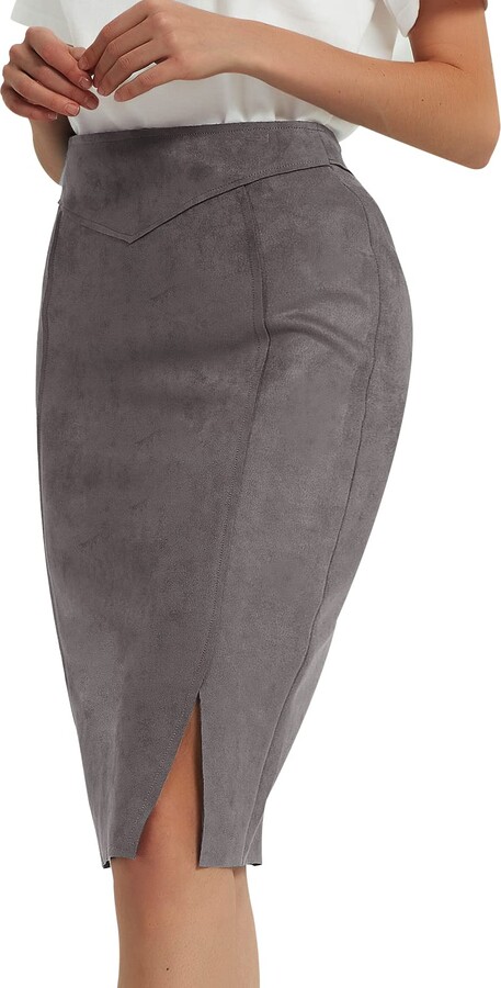 XULIKU Women's Suede High Waist Bodycon Midi Pencil Skirt with Slit Knee Length Back Zipper Hip Wrapped for Women Wear 