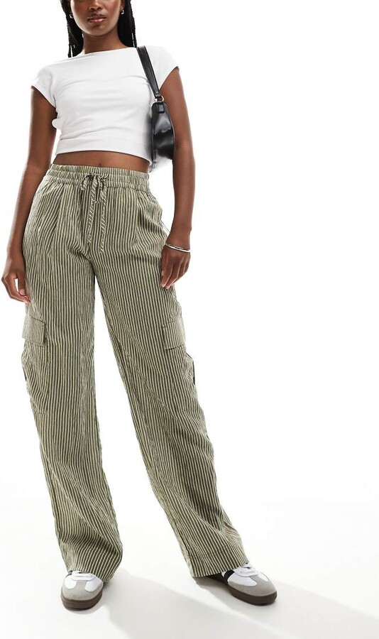 Bershka utility pocket tie waist wide leg trousers in khaki