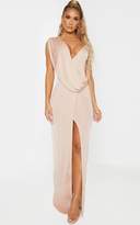 Thumbnail for your product : PrettyLittleThing Nude Textured Slinky Asymmetric Drape Maxi Dress