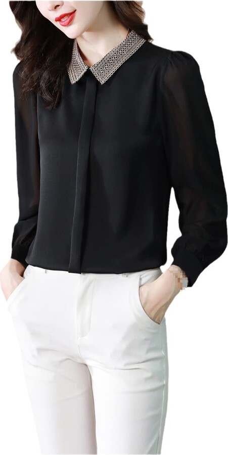 Wvapzxx Women Satin Silk Blouse Vintage Long Sleeve Office Lady Formal ...