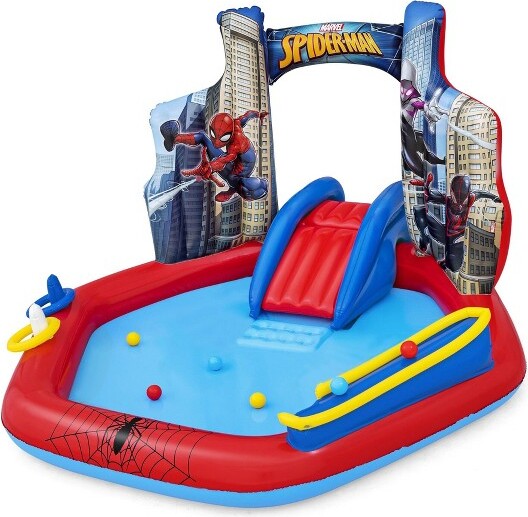 Bestway MarvelSpider-ManInflatableKidsBackyardWaterPlayCenter-OutdoorSprayerSplashKiddiePoolwithWaterSlideArch6BallsRingToss