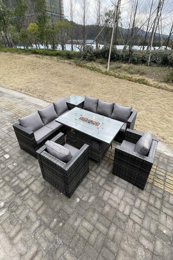 Fimous Outdoor Rattan Garden Corner Furniture Gas Fire Pit Dining Table