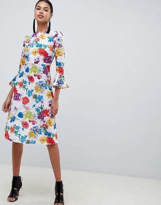 ASOS Design DESIGN fluted sleeve midi dress in summer floral print