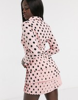 Thumbnail for your product : In The Style exclusive plunge front blazer dress with pleated skirt contrast pink polka