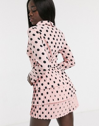 In The Style exclusive plunge front blazer dress with pleated skirt contrast pink polka