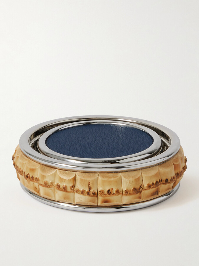 Set of Six Chrome-Plated, Bamboo and Full-Grain Leather Coasters