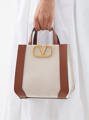V-Logo Small Leather-Trim Canvas Tote Bag