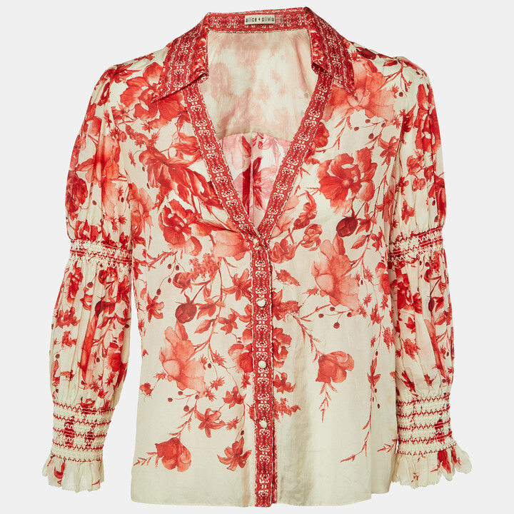 Alice + Olivia Red Printed Cotton & Silk Button Front Blouse M