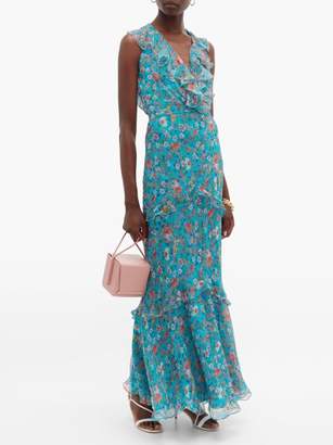 Saloni Rita Floral-print Silk Crepe De Chine Maxi Dress - Womens - Blue Multi