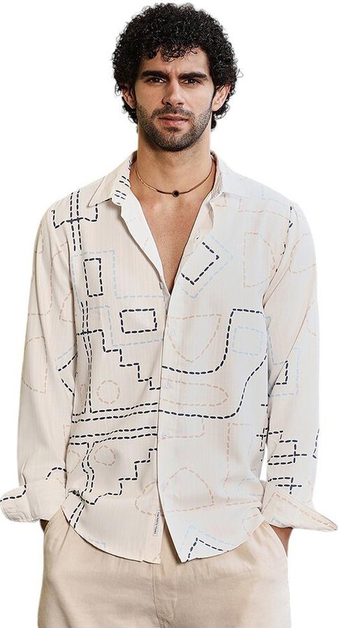 Campus Sutra Men's Off-White & Navy Blue Thread-Lines Shirt