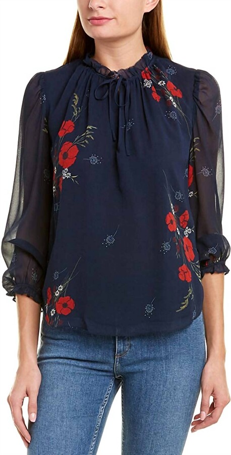 Rafaella Ruffle Trim Self Tie Neckline Silk Blouse In Midnight