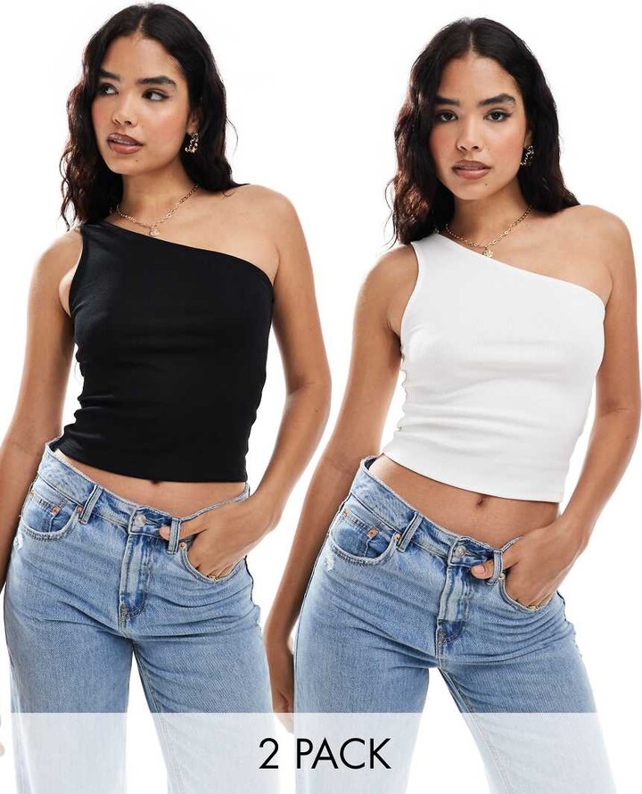 Miss Selfridge pack rib one shoulder top in black and white