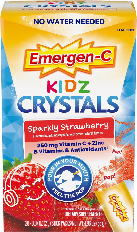 Emergen-C Kidz Crystals, On-The-Go Vitamin C Supplement for Immune Support, Sparkly Strawberry, 28 Stick Packs