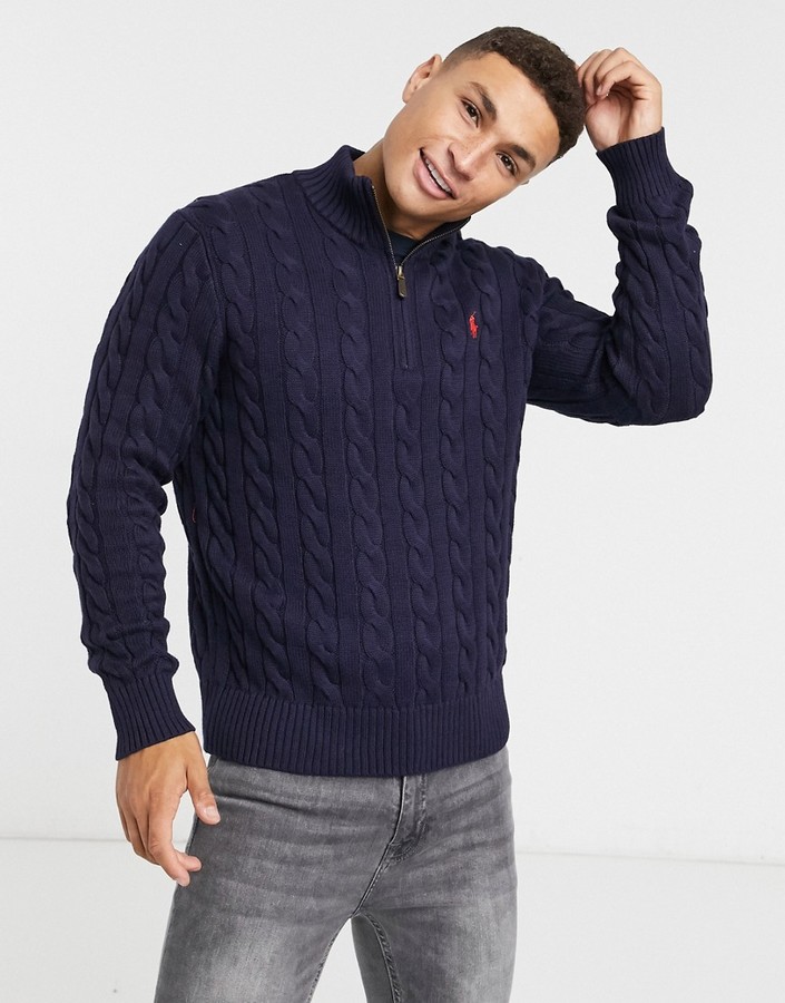 Polo Ralph Lauren player logo cable knit quarter zip in navy - ShopStyle