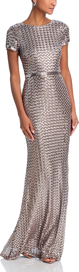 Aqua Belted Sequin Gown - Exclusive