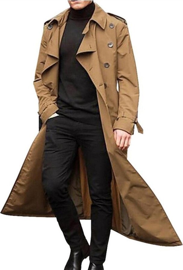 Chahuer Men's Trench Coat Street Fashion Double Breasted Solid Color Long Trench  Coat khaki XL - ShopStyle