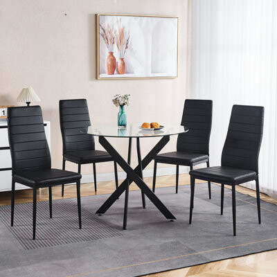 Black Tempered Glass And Metal Cross - Legged Dining Table, Adjustable For Kitchen Or Living, 41.12 Lb, Easy To Maintain Table With Support Legs, Spac