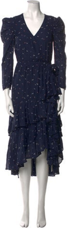 Joie Wrap Dress Blue Floral Print Ruffle Embellishment Three-Quarter Sleeve with V-Neck Sash-Tie Closure at Front Designer
