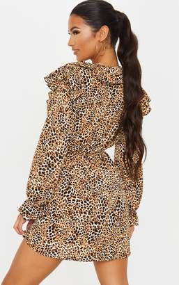 PrettyLittleThing Brown Leopard Print Frill Detail V Neck Shift Dress