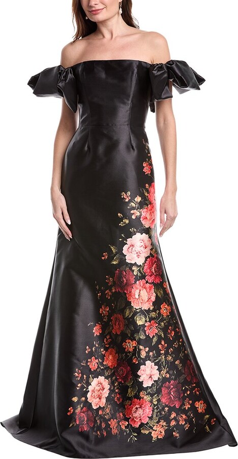 Rene Ruiz Collection Off-The-Shoulder Printed Crepe Gown