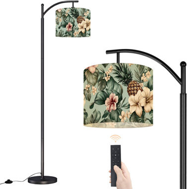 Latitude Run Arc Floor Lamp Tropical hibiscus rose flowers pineapples monstera banana palm leaves Floor Lamps with Remote LED Lights Adjustable Lamp Shades Tall St