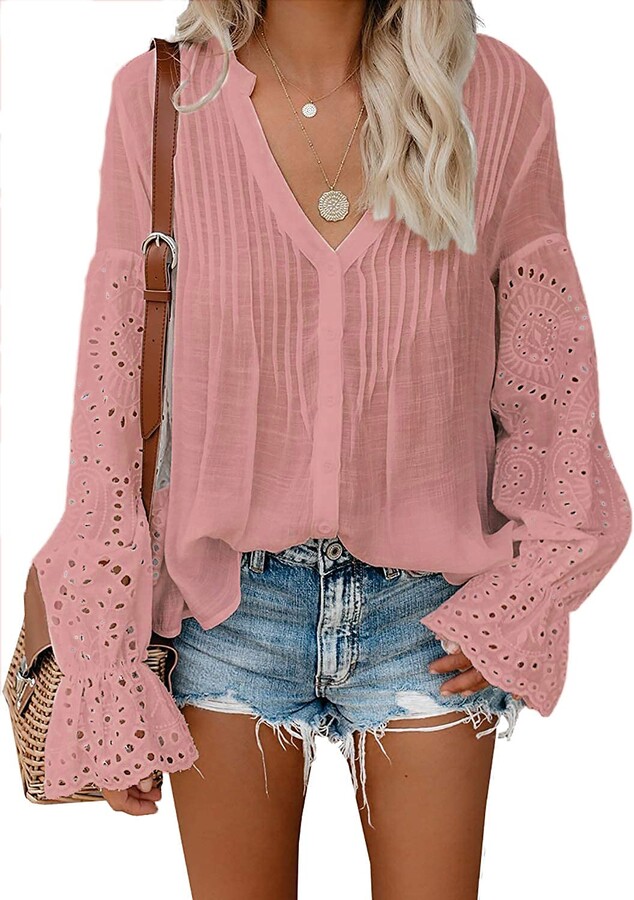 Women's Casual Loose Lace Crochet Tunic Tops Bell Sleeve Long T-Shirt Tee Blouse 