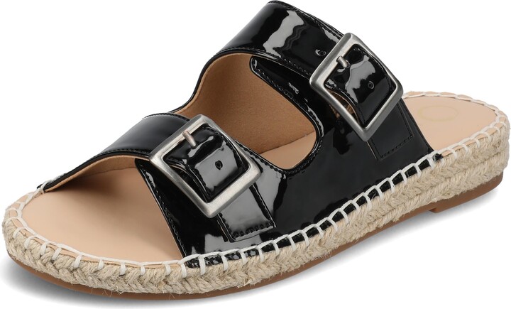 Journee Collection Journee Womens Slide On Sandal Cushioned Footbed Tresah Espadrille Open Toe Faux Leather Double Buckle Patent/Black