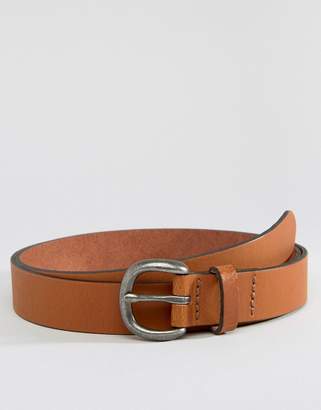 ASOS Slim Leather Belt In Tan With Distressed Round Buckle
