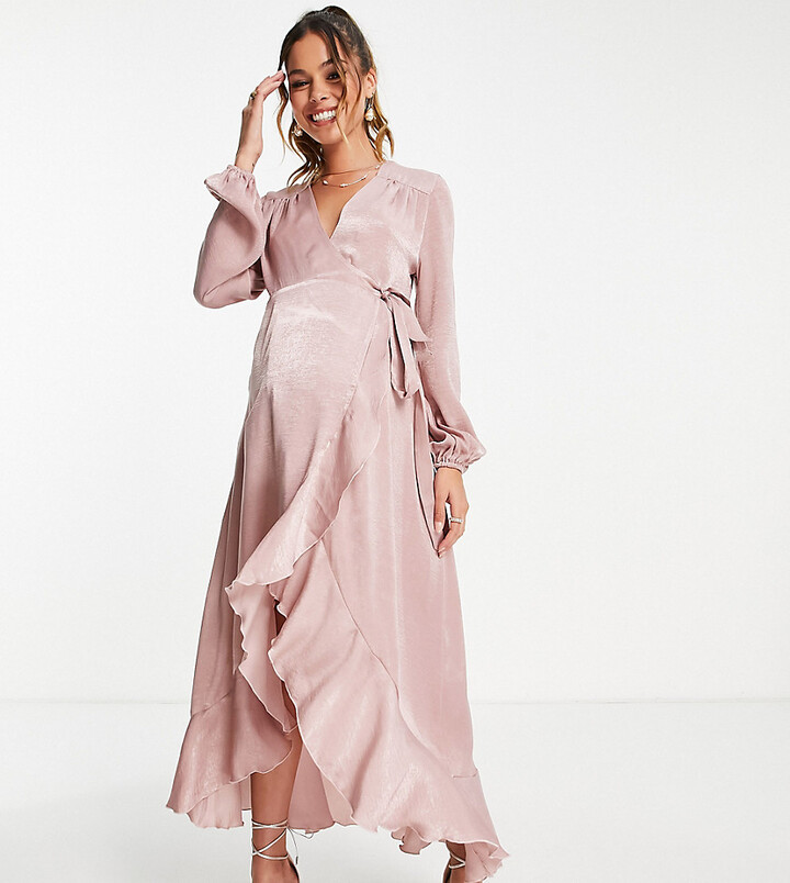 Flounce London Maternity satin long sleeve wrap maxi dress in heather rose  - ShopStyle