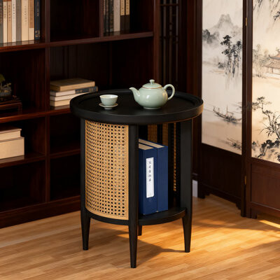 Bay Isle Home Rattan Style Round End Table With 2-Tier Shelves And Solid Wood Legs Boho Nightstand And Small Coffee Table For Living Room And Bedroom