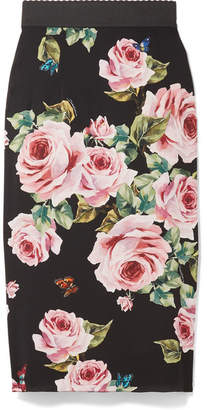 Dolce & Gabbana Floral-print Stretch-silk Charmeuse Midi Skirt - Black